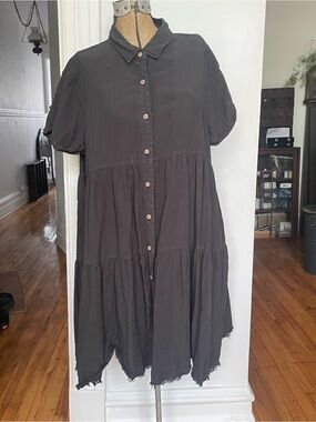 Thread & Supply Charcoal Button-Front Tiered Shirt Dress